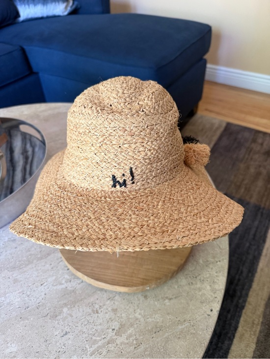 Hat Attack Rattan Straw Sun Pom Beach Hat Hi Embroidered Graphic Writing